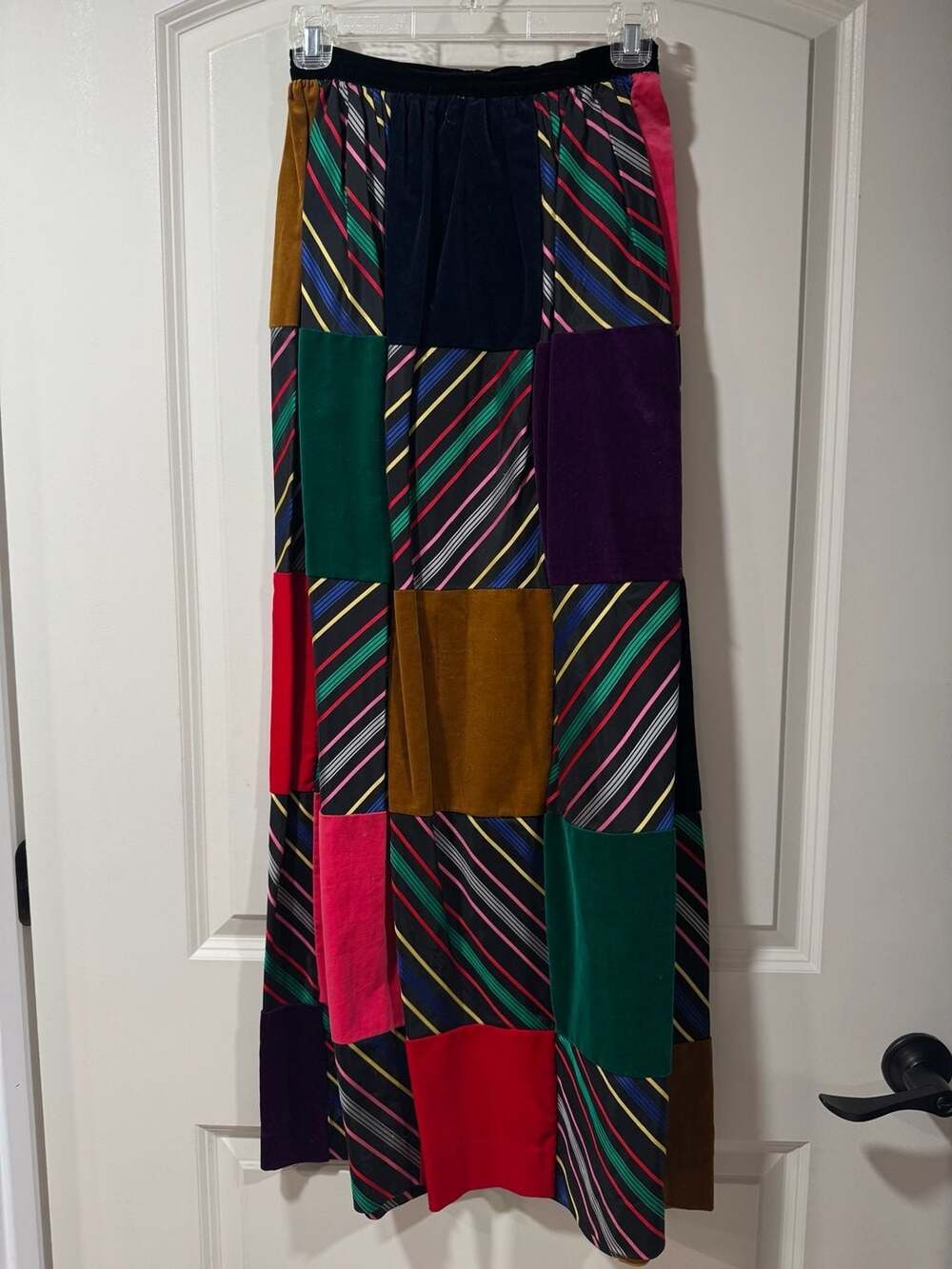 Vintage 1960s Patchwork Velvet Maxi Skirt Colorblock Mod Boho Festival